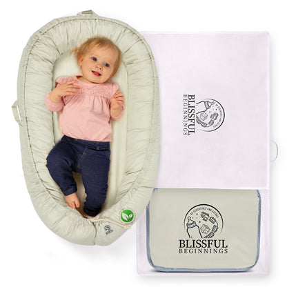 Organic Baby Lounger with Travel Bag (Sage Green)